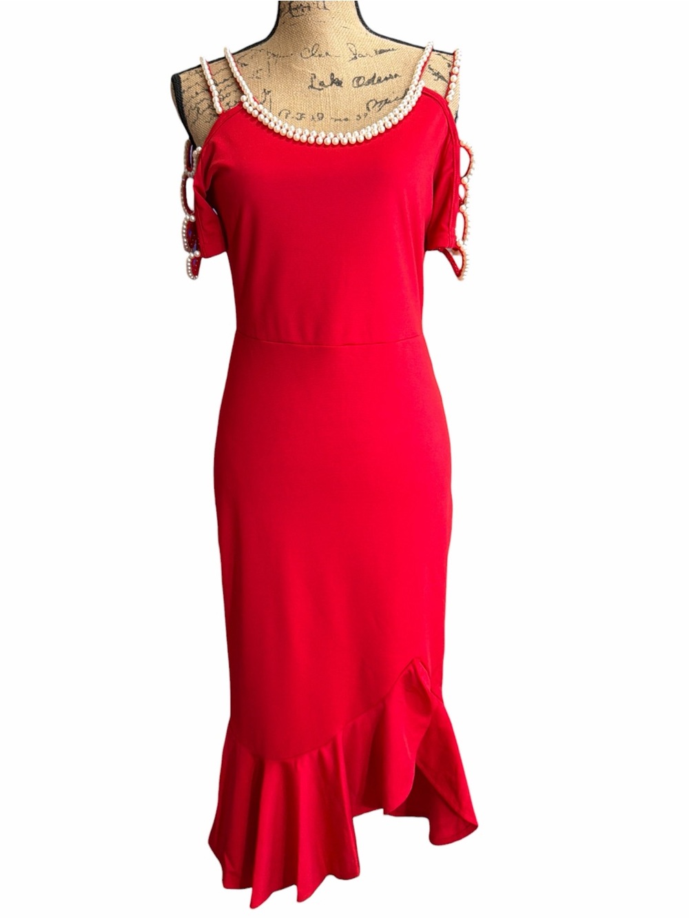 ChicMe Red Cold-Shoulder Midi Dress with Pearl Trim. EC. Size large